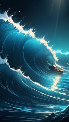 Boat navigating a large wave at night