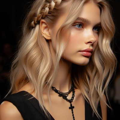 Blonde woman with braided hair and necklace