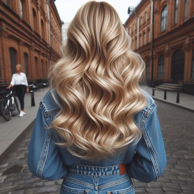 Woman with long blonde hair walking in city