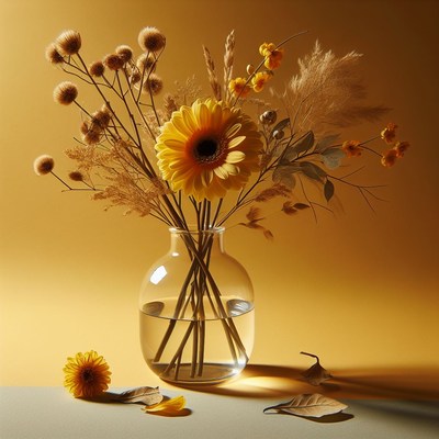 Yellow flower arrangement in glass vase