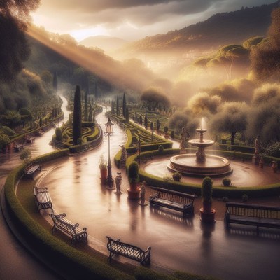 Garden fountain at sunset