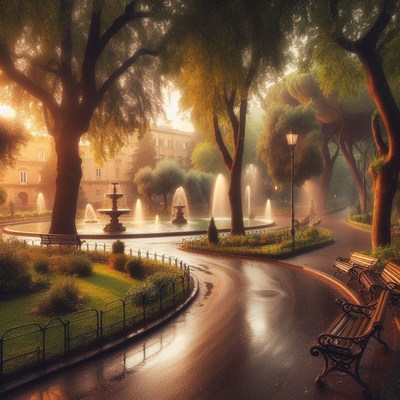 Fountain and benches in a park