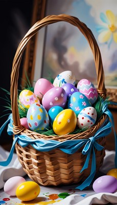 Easter basket with decorated eggs