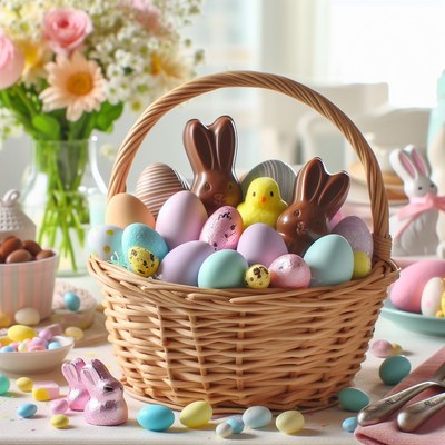 Easter basket with chocolate bunnies and eggs