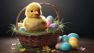 Chick and easter eggs in basket
