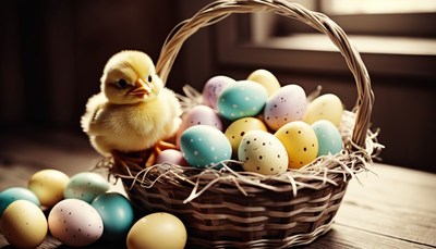 Chick and easter eggs in basket