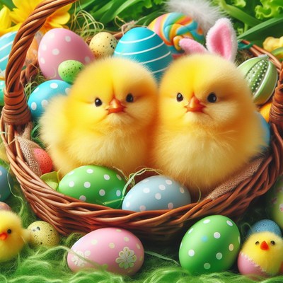 Easter chicks in basket with eggs
