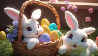 Easter bunnies with basket of eggs