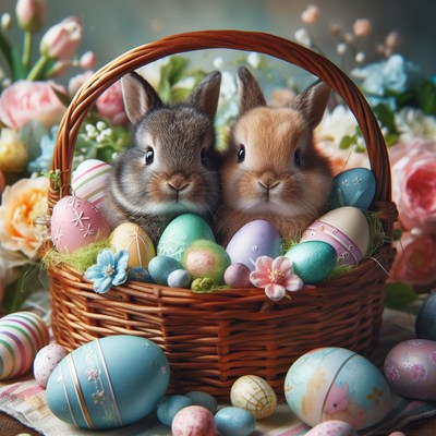 Bunnies and easter eggs in basket