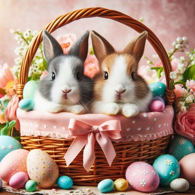 Two bunnies in easter basket