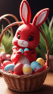Red bunny holding easter eggs in basket