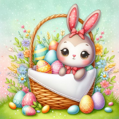 Easter bunny in basket with eggs