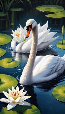 Swans in a pond with lily pads