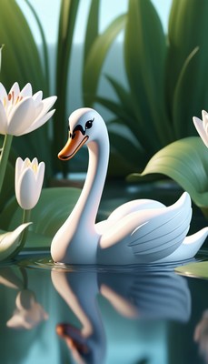 Swan swimming in a pond with lilies