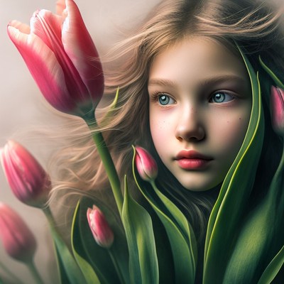 Girl surrounded by tulips