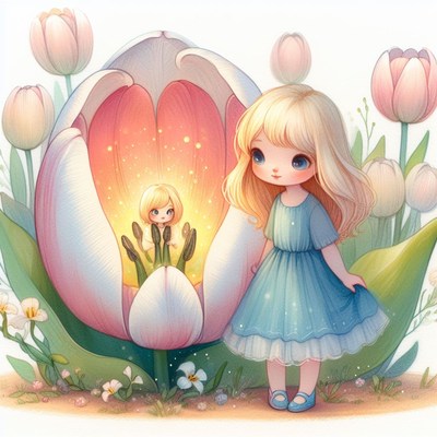 Girl gazes at tiny fairy in tulip