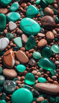 Teal stones on brown pebble beach