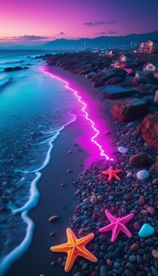 Pink neon light on beach at sunset