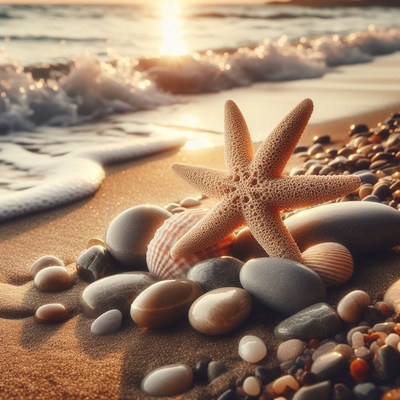 Starfish on sandy beach at sunset
