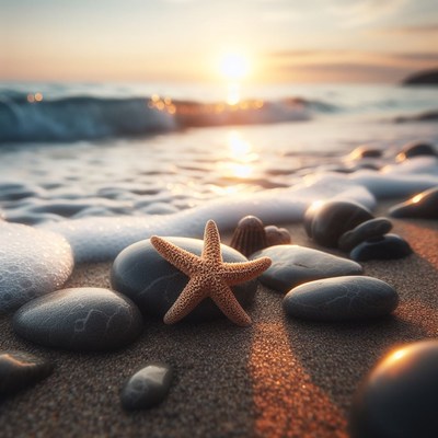 Starfish on beach at sunset