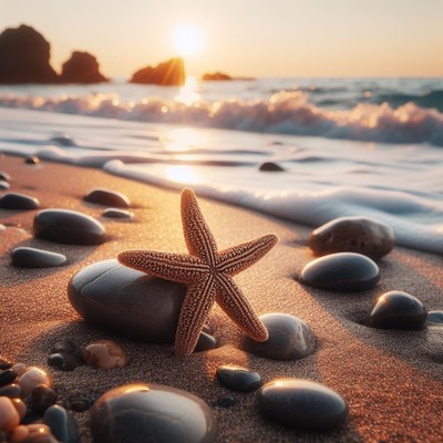 Starfish on sandy beach at sunset