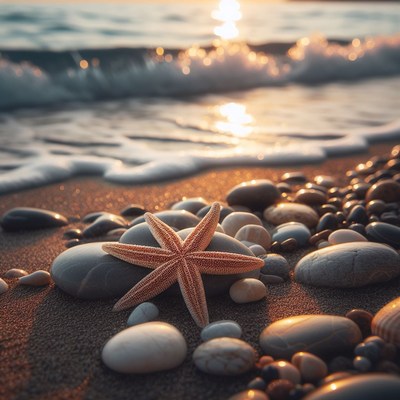 Starfish on beach at sunset