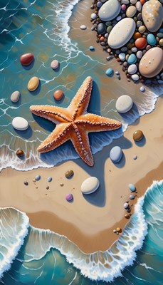 Starfish and pebbles on sandy beach