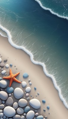 Beach scene with starfish and pebbles
