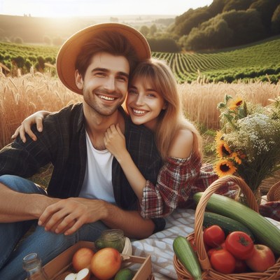Couple picnicking in a field