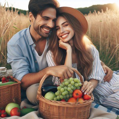 Couple enjoying picnic basket in field