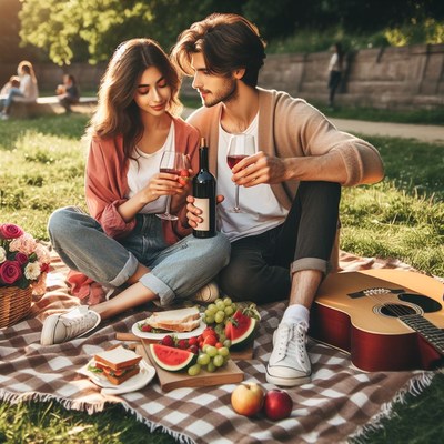 Couple enjoying wine and picnic in park