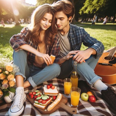 Couple enjoying picnic lunch in park