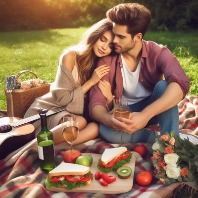 Couple relaxing at summer picnic