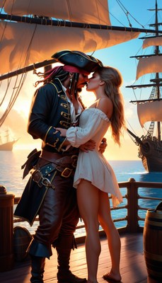 Pirate couple kissing at sunset