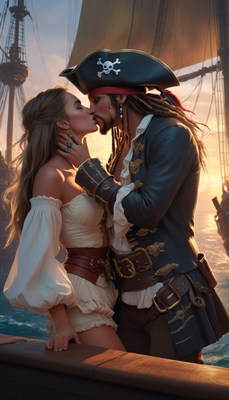 Pirate couple kissing at sunset