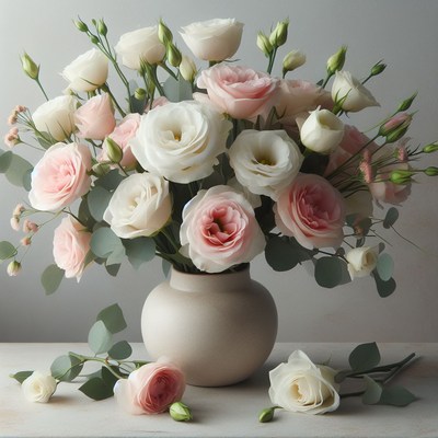 Pink and white lisianthus bouquet in vase