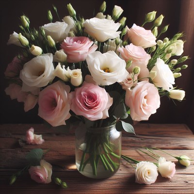 Pink and white flower bouquet on wooden table