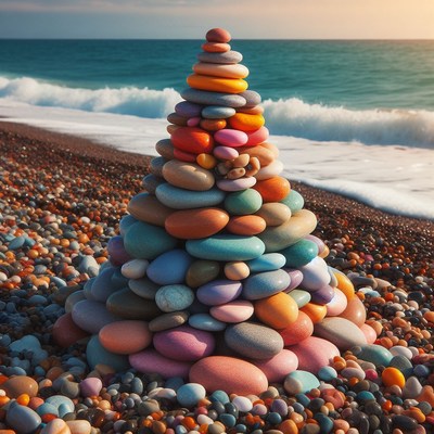 Colorful stone cairn on beach