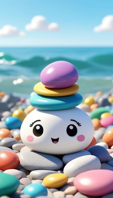 Colorful pebble character on beach