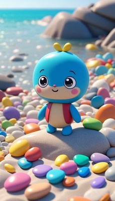 Blue character on beach rocks