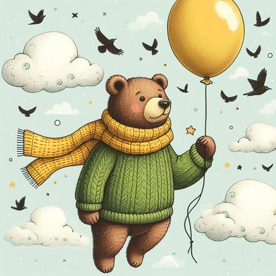 Bear flying with balloon in sky