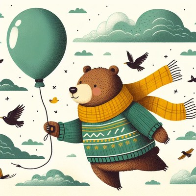 Bear flying with balloon