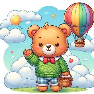 Bear waving hello in a cloudy sky