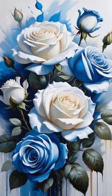 White and blue roses painting