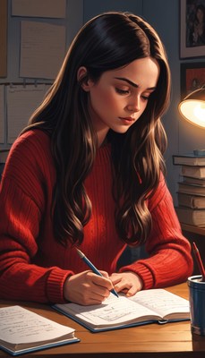 Woman writing in journal under lamp