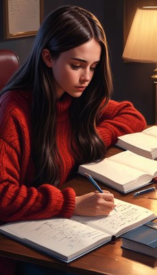 Woman writing in notebook under lamp