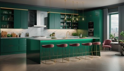 Modern kitchen island with green cabinets