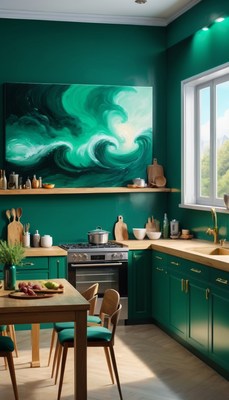 Green kitchen with wave painting