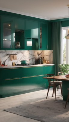 Modern green kitchen with dining area