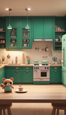 Green kitchen with teddy bear